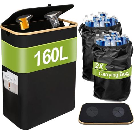 Bacs de recyclage, grande capacité, sacs de transport détachables, noir (1/2)