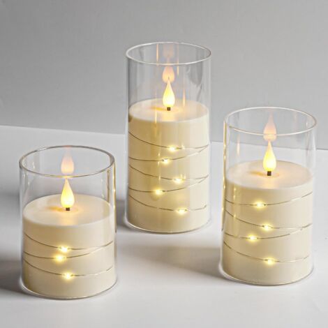Bougies LED ivoire, à piles, avec guirlande lumineuse intégrée, 3 bougies sans flamme, minuterie 24 heures (piles non incluses) (1/4)