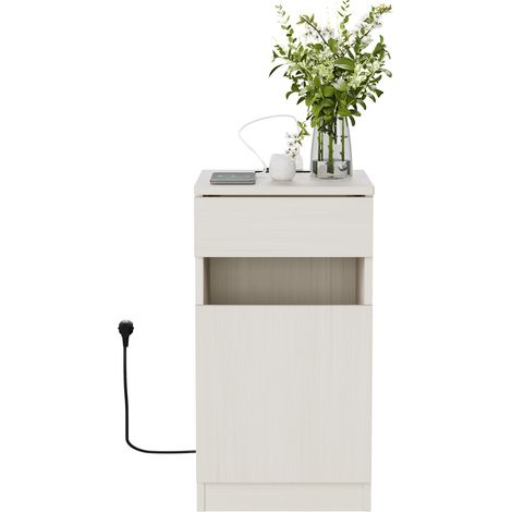 Table de nuit avec station de charge USB et prise, tiroir de rangement, 33x40x61,5 cm, finition bois clair (1/5)