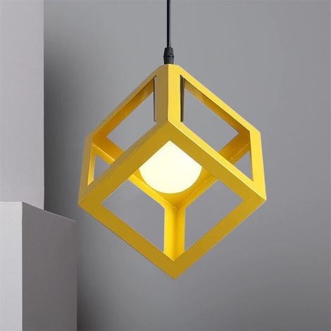 – Lustre cube en métal jaune E27 – Suspension géométrique industrielle – Câble réglable 100 cm – Pour pièces 10-15 m² (1/4)