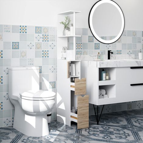 Meuble colonne salle de bain armoire de salle de bain avec tiroirs étagères ouvertes placard 15 x 33 x 136,8 cm blanc (1/5)