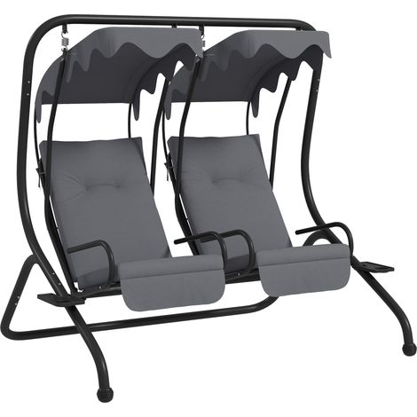 Outsunny Canopy Swing 2 Separate Relax Chairs w/ Handrails, Cup Holders Grey