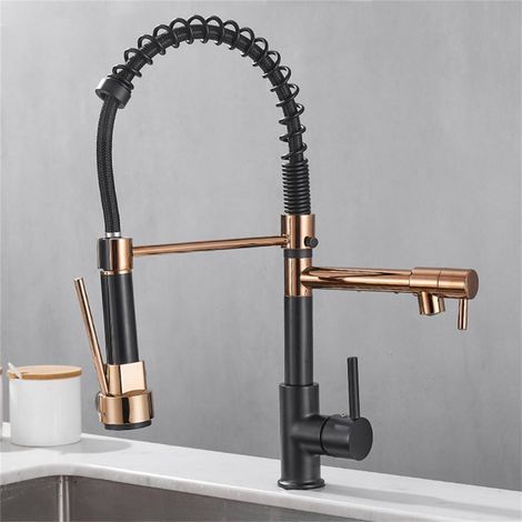 Robinet de cuisine noir, robinet de cuisine à ressort noir et or rose, robinet d'évier, mitigeur eau chaude/eau froide, robinet à benne basculante, robinet de cuisine (1/2)