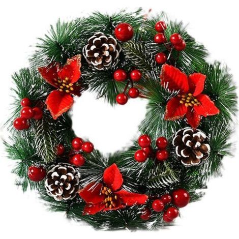Corona de Navidad artificial hecha de ramas de pino verde decoradas con piñas y un ramo de bayas, guirnalda para puerta como decoración festiva para la entrada, colección navideña (1/3)