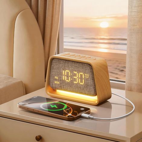 Réveil, réveil 3 en 1 avec veilleuse, aide au sommeil avec 10 bruits blancs et 10 sons naturels, lampe de table réglable à 3 niveaux pour chambre à coucher, chambre à coucher (1/5)