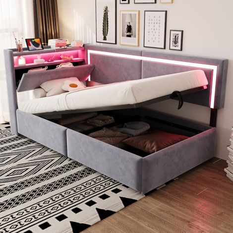 DESVIAE Canapé lit rembourré 90 x 200 cm avec rangement hydraulique LED USB tête de lit avec étagères et coffre velours gris clair (1/5)