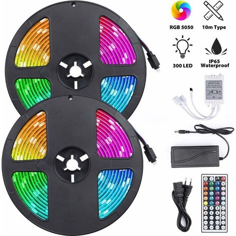 Bande lumineuse LED RGB, Ruban LED 10M avec 180 LED de lumière, Bande Auto-adhésive Télécommandée IP65 imperméable pour Mur Arrière Party（Bande LED 10m） - RWAccessoire pour ruban LED (connecteur, cont (1/5)