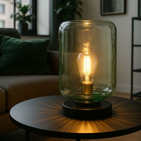 Retro Tischlampe Glas grün klar Wohnzimmerlampe Tischleuchte Nachttischlampe Leselampe schwarz, 1x E27, DxH 19 x 32,5 cm