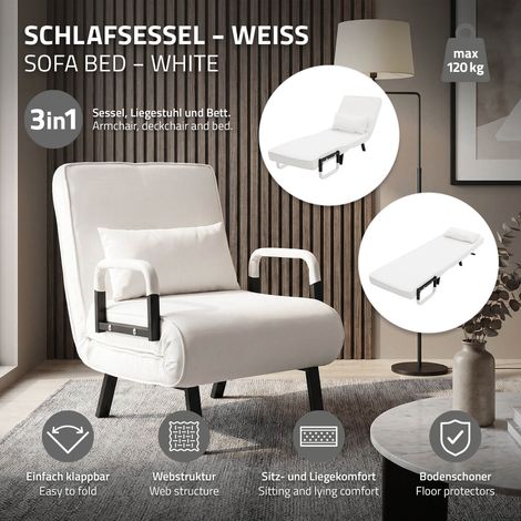 ML-Design Schlafsessel mit Bettfunktion, 3in1 Sessel mit Schlaffunktion, Klappbarer Bettsessel, Klappsessel mit verstellbare Rückenlehne, Faltbares Schlafsofa, Gästebett, Stahlrahmen & Chenille, Weiß