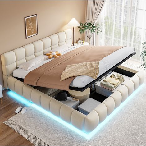 Polsterbett 214x199x82 cm, mit hydraulischem Stauraum und LED Beleuchtung, Samtstoff, Beige (1/5)