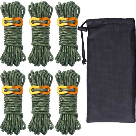 Confezione da 6 corde per tenda da esterno, corde da campeggio leggere, regolatore e tenditore per corde in alluminio da 5 mm4 m, teloni, tende da sole, escursionismo, zaino in spalla, verde militare (1/5)