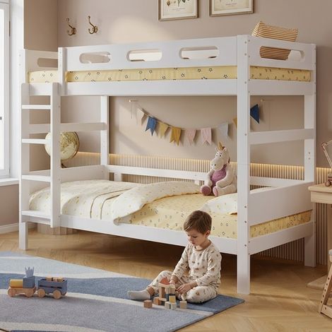 Lit superposé 90x200 cm avec échelle, barrières anti-chute, lit enfant avec sommier à lattes stable, structure pin, MDF et contreplaqué, blanc (1/5)