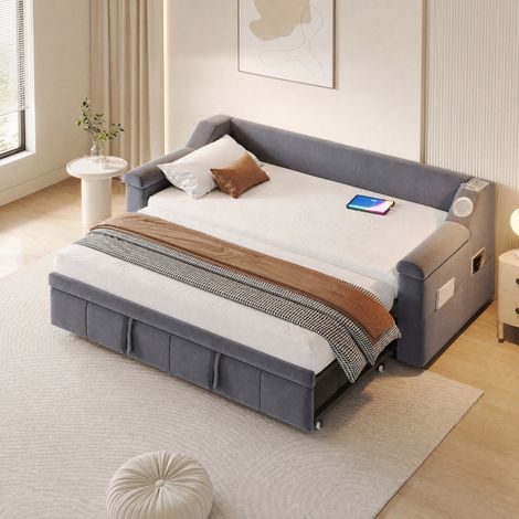 DESMIU Lit Banquette 90 × 190 cm 2 places avec USB, Bluetooth, rangements, sans matelas, en velours, gris (1/5)