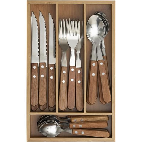 Ménagère en inox 24 pièces avec range-couverts en bois – Dimensions : L 19,5 cm x l 2,5 cm – Pour table familiale et réception – Secret De Gourmet