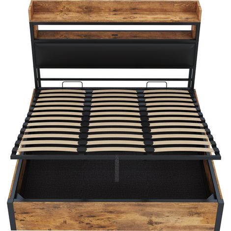 CAIziCadre de lit 180 x 200 avec mécanisme de levage hydraulique, USB, tête de lit capitonnée, design vintage en bois et métal, lit double avec espace de rangement caché, mobilier de chambre moderne n (1/5)