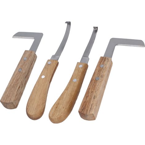 4 couteaux à sabots en acier au carbone avec manche en bois, pour gauchers et droitiers, destinés aux vaches, bovins et chevaux. (1/5)