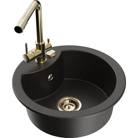 Mexen Diego Granitspüle einteilig mit Küchenarmatur Duero, schwarz/gold metallic - 6512-75-671600-50 (1/5)