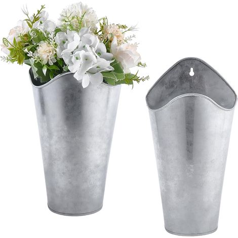 2 pièces Jardinière Murale Métal Galvanisé, 12 Pouces Vase Murale Ferme Support pour Grandes Faux Fleurs Suspension Vases Blanc pour Plantes Artificielles Décoration Intérieur Extérieur (1/5)