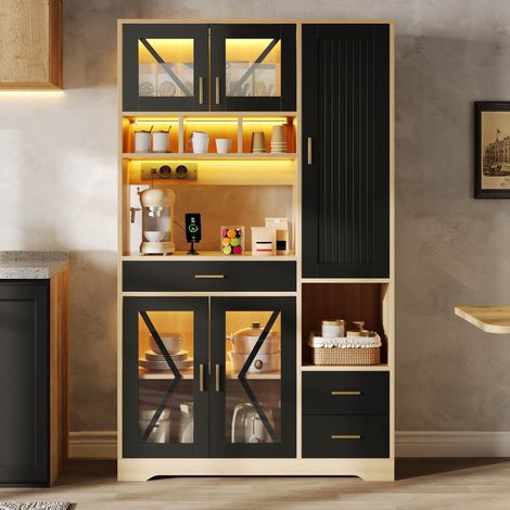 MEUBLIV Buffet haut de cuisine 105x40x185 cm noir et naturel – LED, prises et vitrine (1/5)