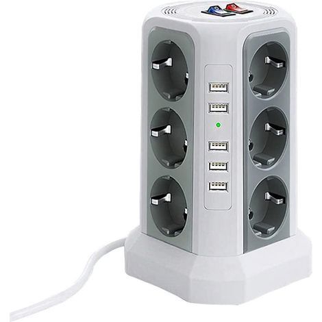 Multiprise électrique 12 prises + 5 USB – protection surtension 1500J – câble 2m ignifuge – interrupteurs indépendants – bureau maison – Blanc (1/5)