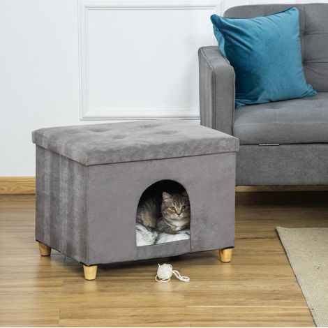 Niche pour chat 2-en-1 avec coussin, tabouret repose-pieds, MDF gris HAVRYA (1/4)