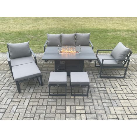 Fimous Aluminium Patio Outdoor Garden Furniture Lounge Sofa Set Gas Fire Pit Dining Table with 3 Footstools Dark Grey (1/5)