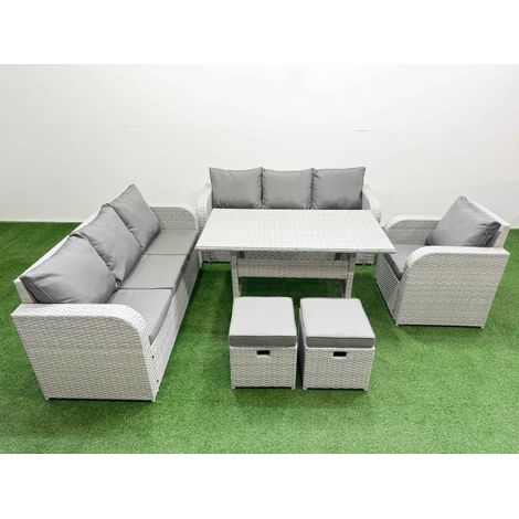 Fimous 9 Seater Poly Rattan Outdoor Garden Furniture Rectangular Dining Table Sofa Set Patio 3 Seater Sofa Reclining Chair 3 Seater Sofa Stools Light Grey (1/4)