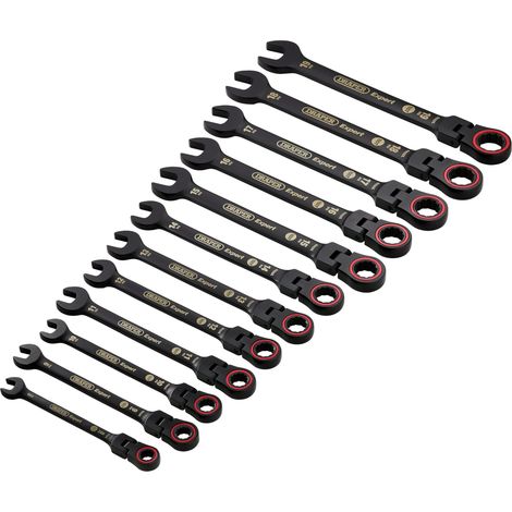 Draper 03929 Draper Expert HI-TORQ Metric Flexible Head Ratchet Combination Spanner Set, Black (12 Piece) (1/2)
