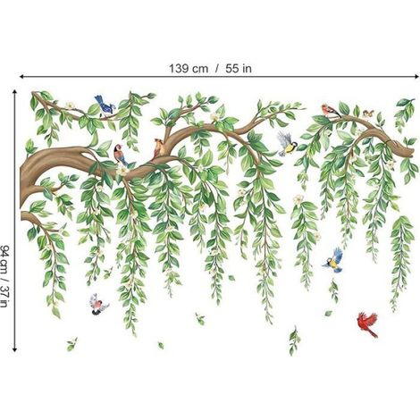 Stickers Muraux Grand Branche de Feuilles Vertes Autocolnts Muraux Mural Stickers Vigne Fleurs Branche Arbre Oiseaux (1/4)