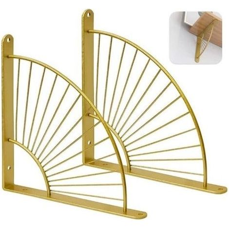 2 Supports D'étagères en Forme D'éventail Doré, Equerre Etagere Murale, Support Mural en Métal pour Restaurant, Support Triangulaire Flottant, étagères d'a (Or) (1/4)