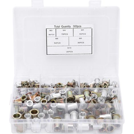 Kit de 300 écrous à sertir en acier au carbone avec inserts filetés et 6 spécifications (1/4)