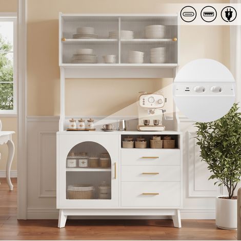 Buffet haut 100,5x40x178 cm en panneaux de particules blanc avec prises USB, gain de place – MEUBLIV (1/5)