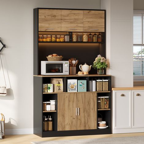 Armoire colonne cuisine 105x40x180 cm noir bois avec LED RGB, 5 portes, étagères réglables, vitrine de rangement moderne pour salon et cuisine (1/5)