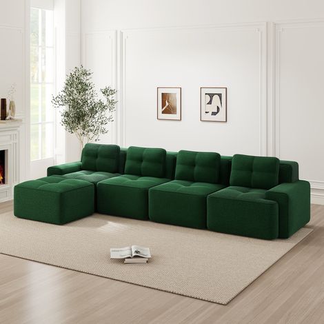 Divano angolare modulare a 4 posti in velluto a coste con 1 pouf, elastico 32D, sedute extra profonde, senza struttura, 382x177x69cm, verde
