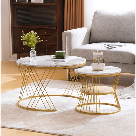 Table basse gigogne 70x70x47 cm, lot de 2, motif marbre brillant, pieds métalliques, MDF plaqué blanc (1/5)