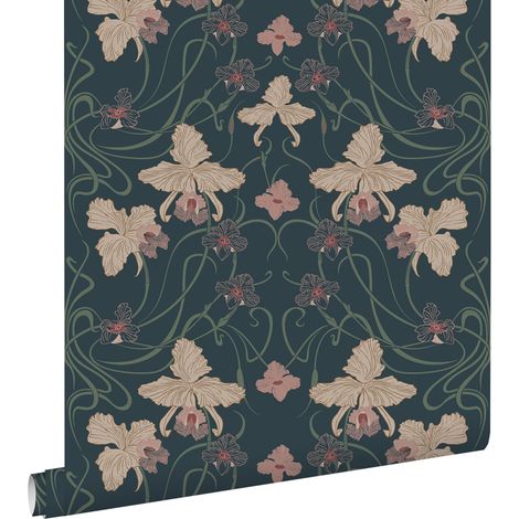papier peint fleurs vintage de style art nouveau bleu foncé, beige et vert grisé - ESTAhome (1/5)