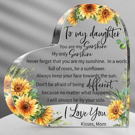 Plaque cœur en acrylique tournesol – Cadeau parents pour fille, présent d’anniversaire, déco inspirante fête des mères, remise de diplôme et mariage, plaque décorative tendance - 10x10x1cm (1/5)