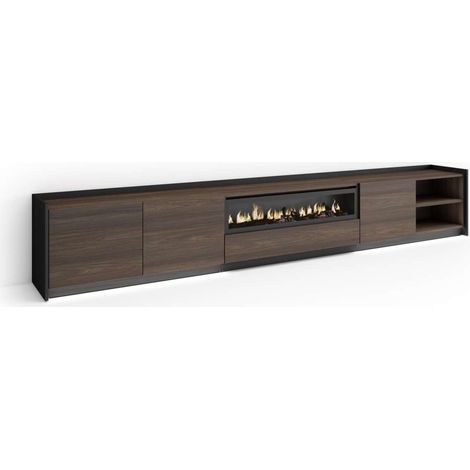 Mueble TV Colmenar-02 de 310x50x37 cm con chimenea y luces LED, color roble oscuro y negro (1/4)