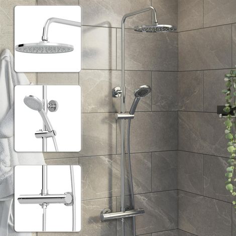 Round Chrome Thermostatic Mixer Shower Dual Head Rainfall Head Handset Bathroom