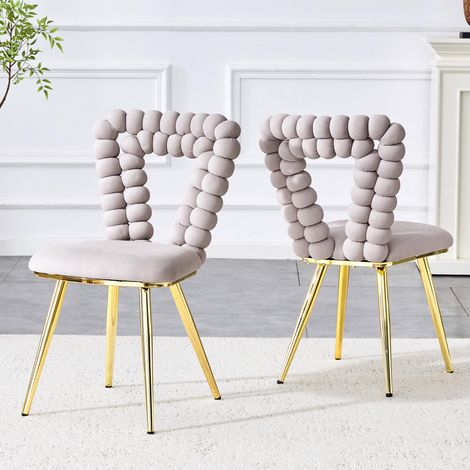 Chaises de salle à manger en velours gris clair (lot de 2) – Dossier ajouré triangulaire, pieds en métal doré, robustes pour salles à manger, vestiaires et salons