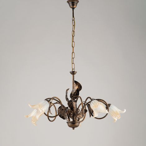 Lampadario Classico 5 Luci Con Foglie Ferro Battuto E Vetro Bronzo Serie Limone