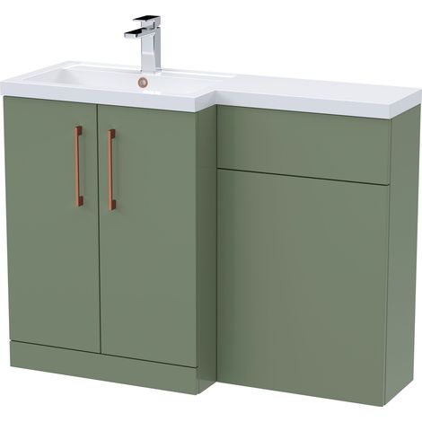 Balterley Left-Hand Bathroom Vanity and WC Unit Combination with Basin - 1100mm - Satin Green with Copper Handles