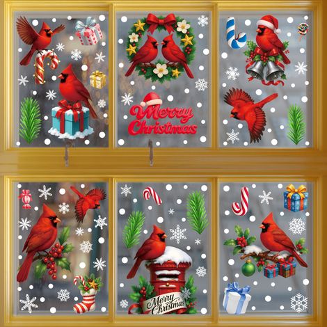 Décorations de Noël pour fenêtres, oiseaux rouges mignons, décorations de porte et fenêtre en verre pour chambre à coucher, autocollants statiques pour fenêtres - [Six combinaisons] 642-647 -