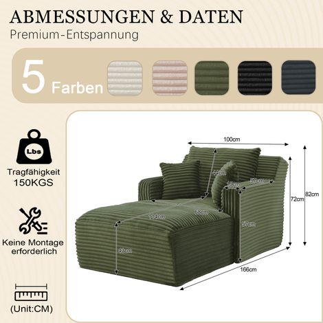 Schlafsofa 3-in-1 mit Ottomane - Verstellbare Lehne - Cord-Samt - Montagefrei - Ideal kleine Räume - Grün (1/5)
