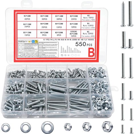 1080-teiliges Schraubenset M3 M4 M5 M6 mit Sechskantmuttern und Unterlegscheiben, Rundkopf-Kreuzschlitzschrauben, Sortiment an mechanischen Schrauben (1080 Silber) (1/5)