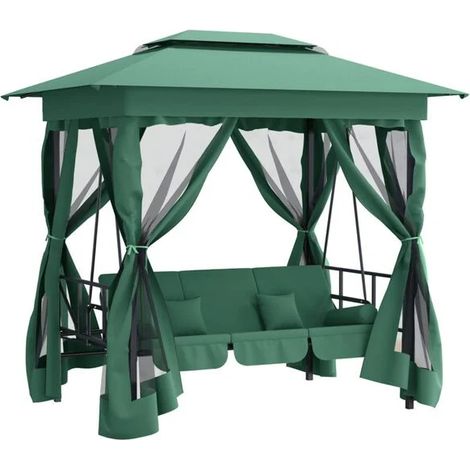 Gazebo de jardin avec banc pivotant convertible, toile verte et structure en acier (1/5)