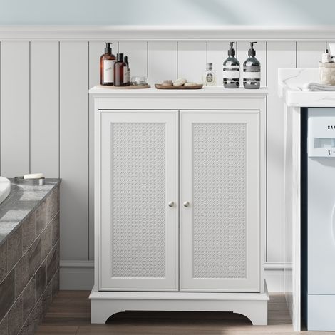 Armoire murale de salle de bain-porte en osier et étagère réglable-blanc-rangement moderne-indépendant-66.6x30x86.5(cm) (1/5)