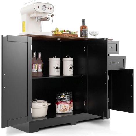 COSTWAY Mueble Auxiliar de Cocina, Carrito de Cocina Moderno con 2 Puertas y 2 Cajones Grandes y Estante Ajustable, Gabinete de Almacenamiento de Buffet para Cocina, Comedor (Negro) (1/4)