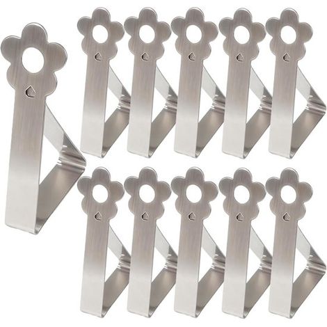Pinzas para manteles, Paquete de 10-4,6 x 1,2 x 7,2 cm, Ajustables, Aptas para mesas de 2,5 a 3,5 cm de grosor, bodas, cocinas y fiestas (Plata) (1/5)