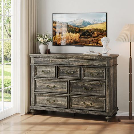 Commode noire 9 tiroirs 40x120xH cm, bois moderne poignées rétro, rangement vêtements pour chambre et salon (1/5)